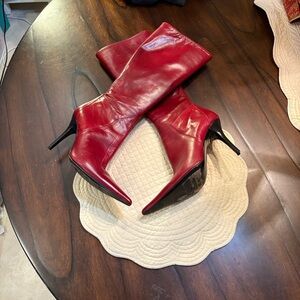 💋Charles David ♥️ Red Leather Stiletto Heeled Pointy Zippered Boots